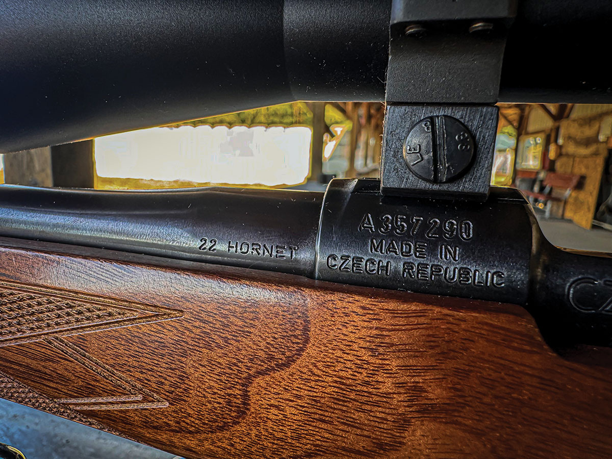 The stampings on the side of the CZ 527 chambered in 22 Hornet.